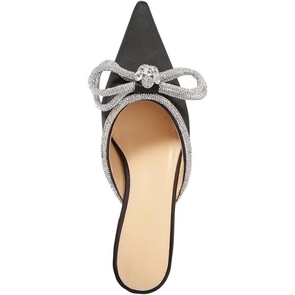 Divanne Black Women Heels Pointed Toe Backless Mules Rhinestone Bow Slip On - Picture 2 of 5